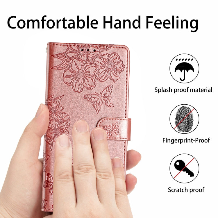 For iPhone 15 Pro Max Cherry Blossom Butterfly Skin Feel Embossed PU Phone Case(Rose Gold) - HoMEdemic™ 