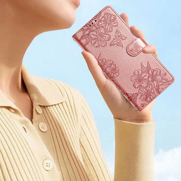 For iPhone 15 Pro Max Cherry Blossom Butterfly Skin Feel Embossed PU Phone Case(Rose Gold) - HoMEdemic™ 