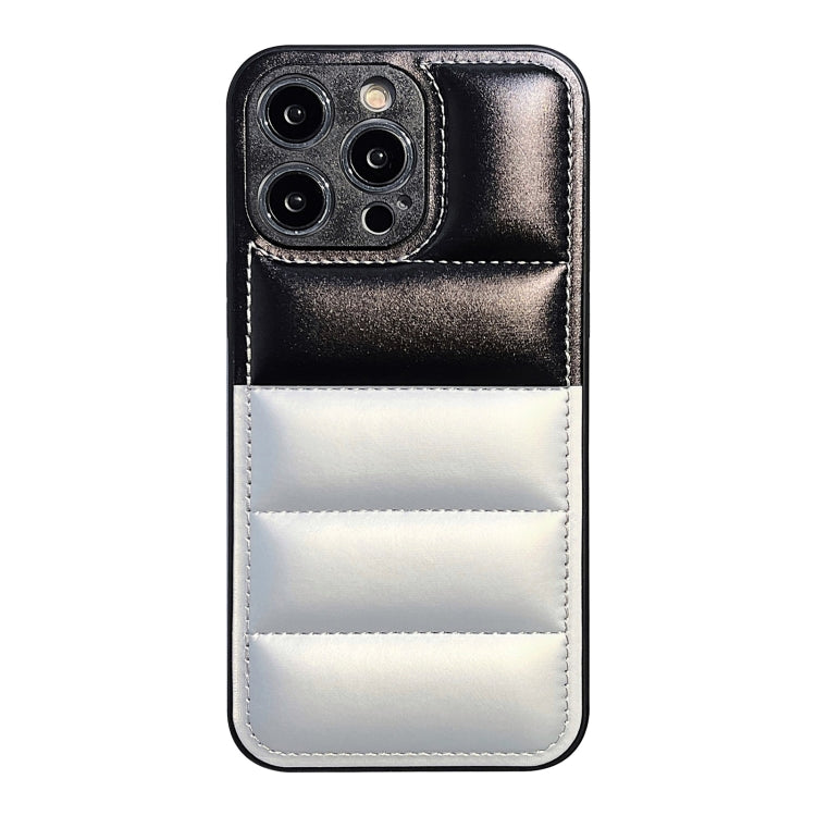 For iPhone 15 Pro Max Color Block Down Jacket Phone Case(Black Silver) - HoMEdemic™ 