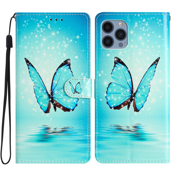 For iPhone 15 Pro Max Colored Drawing Leather Phone Case(Blue Butterfly) - HoMEdemic™ 