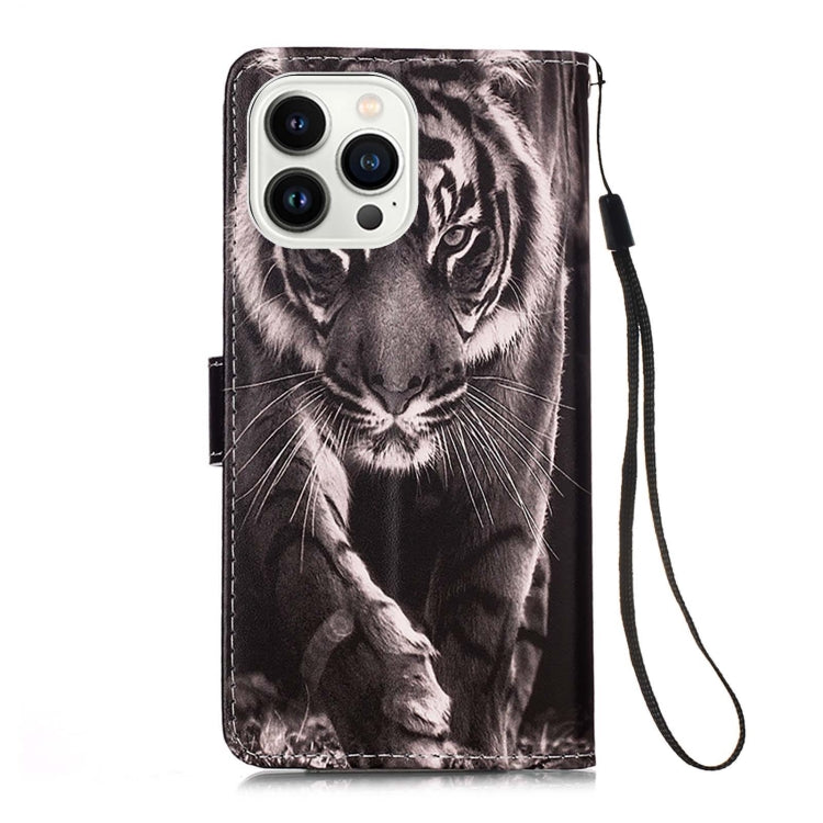 For iPhone 15 Pro Max Colored Drawing Pattern Plain Weave Leather Phone Case(Black And White Tiger) - HoMEdemic™ 