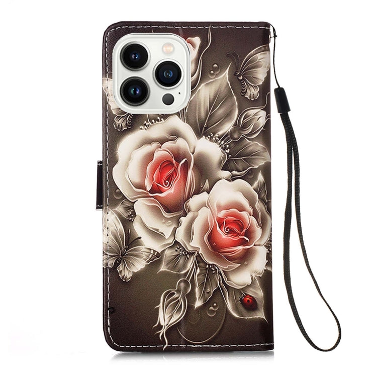 For iPhone 15 Pro Max Colored Drawing Pattern Plain Weave Leather Phone Case(Roses On Black) - HoMEdemic™ 