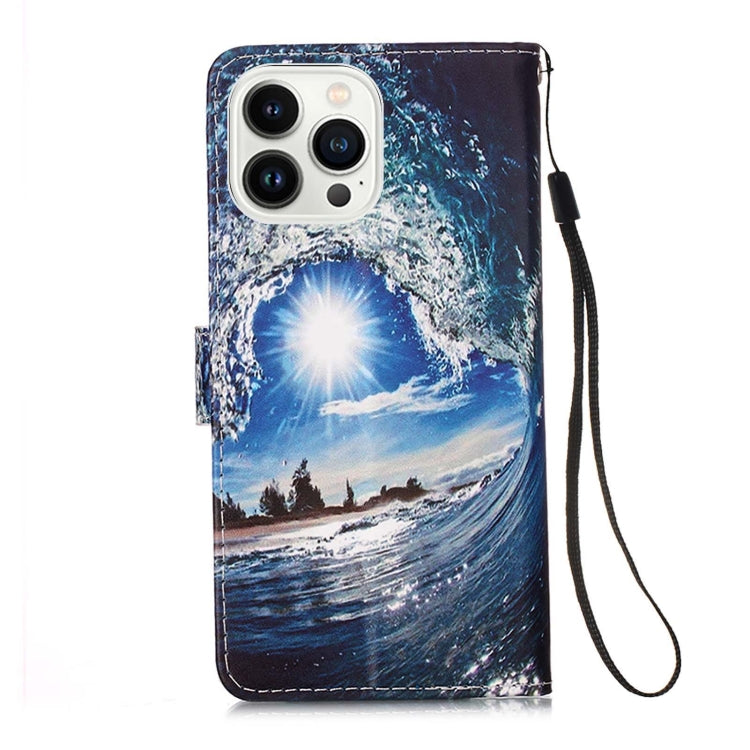 For iPhone 15 Pro Max Colored Drawing Pattern Plain Weave Leather Phone Case(Waves And Sun) - HoMEdemic™ 