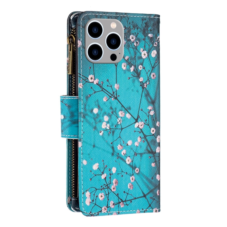 For iPhone 15 Pro Max Colored Drawing Pattern Zipper Phone Leather Case(Plum Blossom) - HoMEdemic™ 