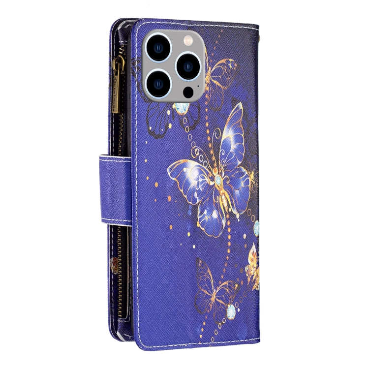 For iPhone 15 Pro Max Colored Drawing Pattern Zipper Phone Leather Case(Purple Butterfly) - HoMEdemic™ 