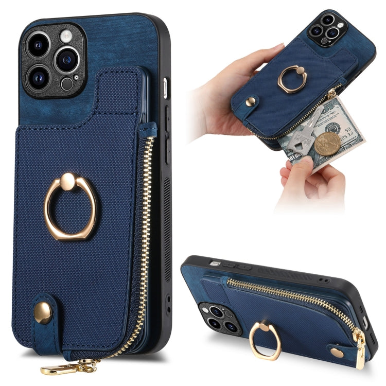 For iPhone 15 Pro Max Cross Leather Ring Vertical Zipper Wallet Back Phone Case(Blue) - HoMEdemic™ 