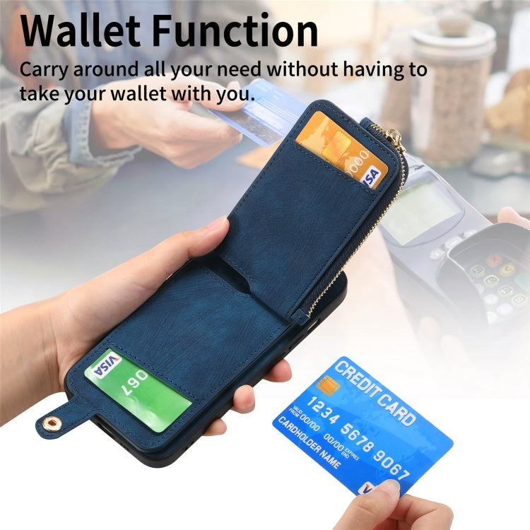 For iPhone 15 Pro Max Cross Leather Ring Vertical Zipper Wallet Back Phone Case(Blue) - HoMEdemic™ 