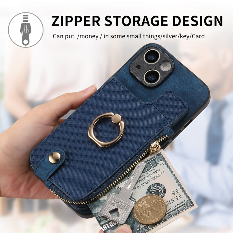 For iPhone 15 Pro Max Cross Leather Ring Vertical Zipper Wallet Back Phone Case(Blue) - HoMEdemic™ 