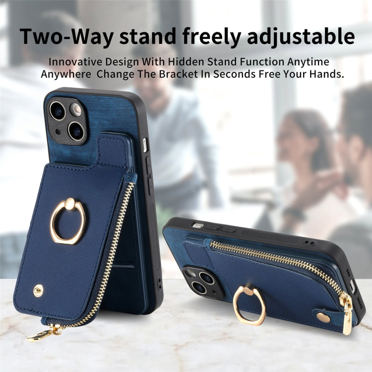 For iPhone 15 Pro Max Cross Leather Ring Vertical Zipper Wallet Back Phone Case(Blue) - HoMEdemic™ 