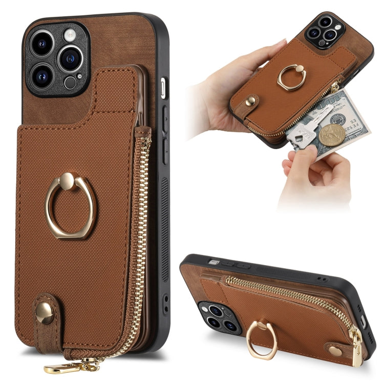 For iPhone 15 Pro Max Cross Leather Ring Vertical Zipper Wallet Back Phone Case(Brown) - HoMEdemic™ 