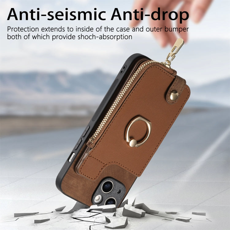 For iPhone 15 Pro Max Cross Leather Ring Vertical Zipper Wallet Back Phone Case(Brown) - HoMEdemic™ 