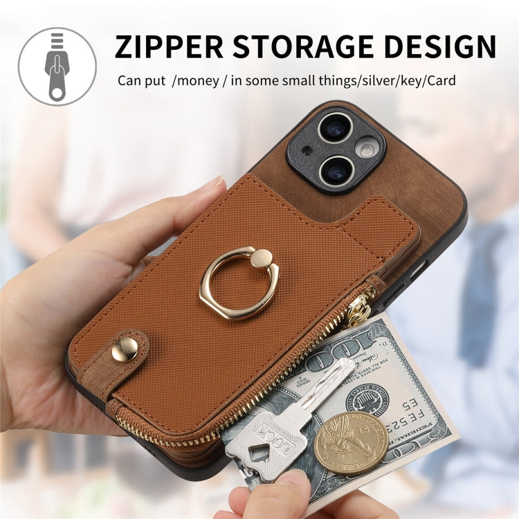 For iPhone 15 Pro Max Cross Leather Ring Vertical Zipper Wallet Back Phone Case(Brown) - HoMEdemic™ 