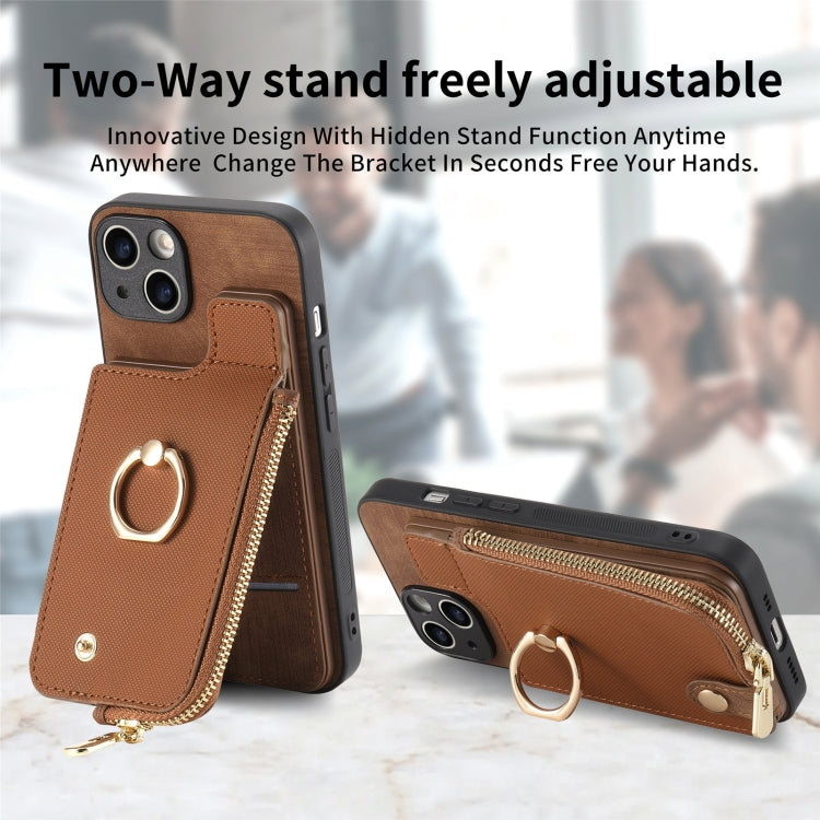 For iPhone 15 Pro Max Cross Leather Ring Vertical Zipper Wallet Back Phone Case(Brown) - HoMEdemic™ 