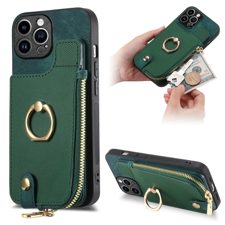 For iPhone 15 Pro Max Cross Leather Ring Vertical Zipper Wallet Back Phone Case(Green) - HoMEdemic™ 
