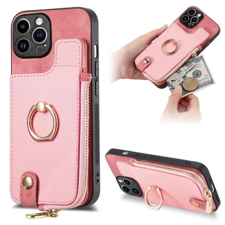 For iPhone 15 Pro Max Cross Leather Ring Vertical Zipper Wallet Back Phone Case(Pink) - HoMEdemic™ 