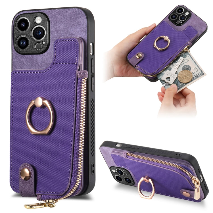 For iPhone 15 Pro Max Cross Leather Ring Vertical Zipper Wallet Back Phone Case(Purple) - HoMEdemic™ 