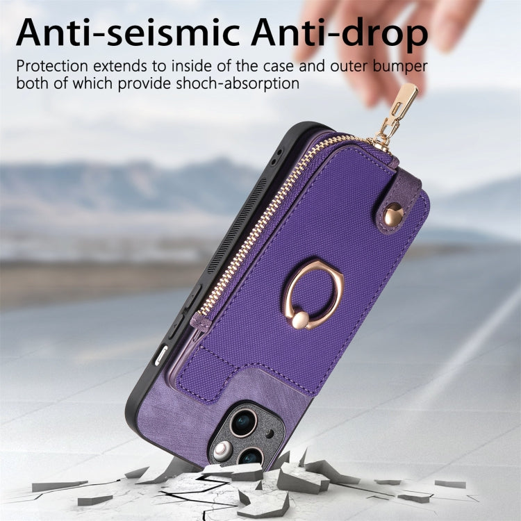 For iPhone 15 Pro Max Cross Leather Ring Vertical Zipper Wallet Back Phone Case(Purple) - HoMEdemic™ 