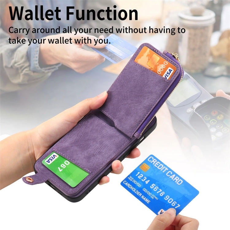 For iPhone 15 Pro Max Cross Leather Ring Vertical Zipper Wallet Back Phone Case(Purple) - HoMEdemic™ 