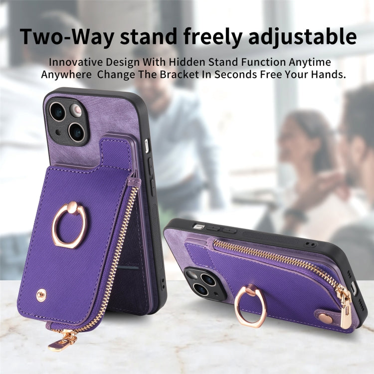 For iPhone 15 Pro Max Cross Leather Ring Vertical Zipper Wallet Back Phone Case(Purple) - HoMEdemic™ 