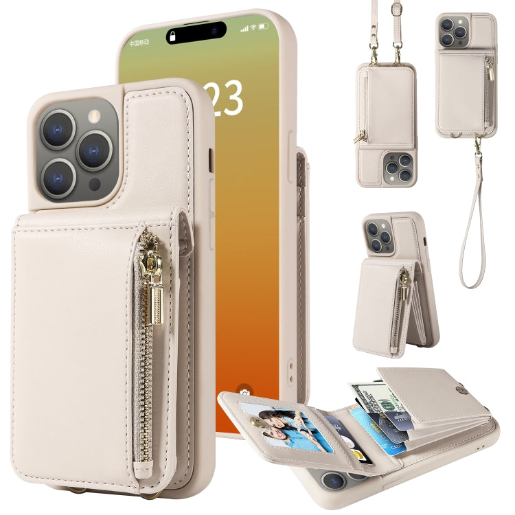 For iPhone 15 Pro Max Crossbody Lanyard Zipper Wallet Leather Phone Case(Beige) - HoMEdemic™ 