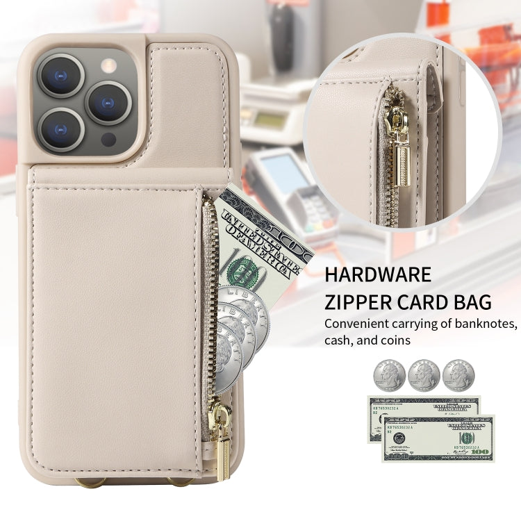 For iPhone 15 Pro Max Crossbody Lanyard Zipper Wallet Leather Phone Case(Beige) - HoMEdemic™ 