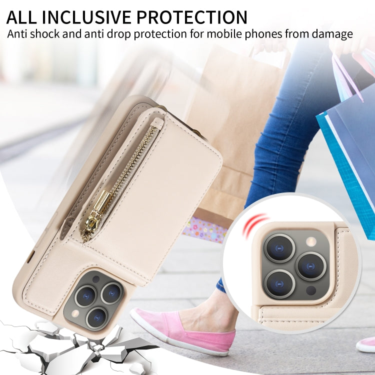 For iPhone 15 Pro Max Crossbody Lanyard Zipper Wallet Leather Phone Case(Beige) - HoMEdemic™ 