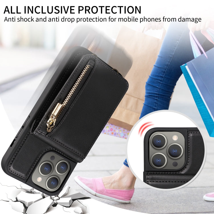 For iPhone 15 Pro Max Crossbody Lanyard Zipper Wallet Leather Phone Case(Black) - HoMEdemic™ 