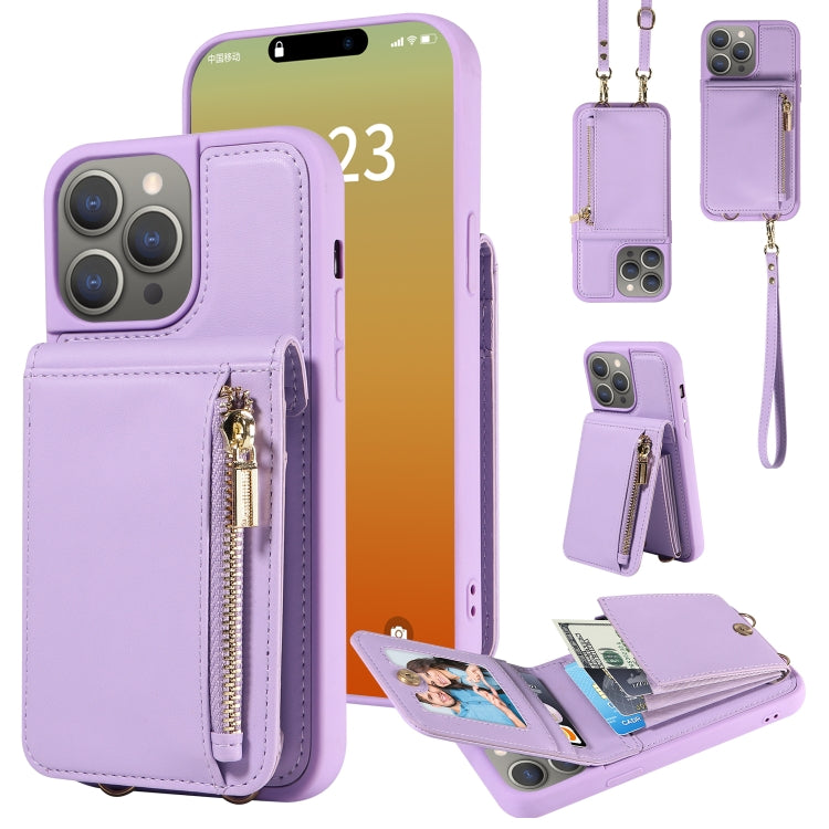 For iPhone 15 Pro Max Crossbody Lanyard Zipper Wallet Leather Phone Case(Purple) - HoMEdemic™ 