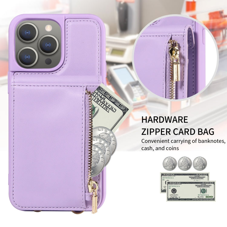 For iPhone 15 Pro Max Crossbody Lanyard Zipper Wallet Leather Phone Case(Purple) - HoMEdemic™ 