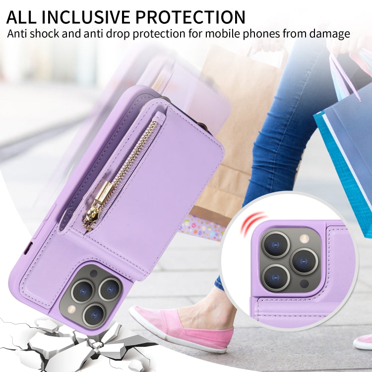 For iPhone 15 Pro Max Crossbody Lanyard Zipper Wallet Leather Phone Case(Purple) - HoMEdemic™ 