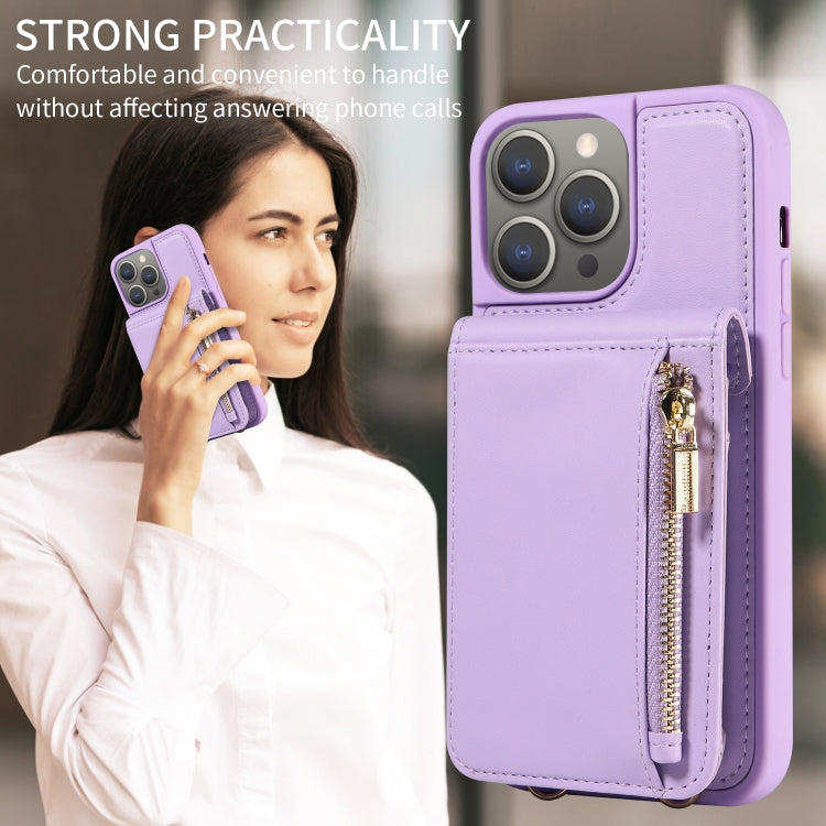 For iPhone 15 Pro Max Crossbody Lanyard Zipper Wallet Leather Phone Case(Purple) - HoMEdemic™ 