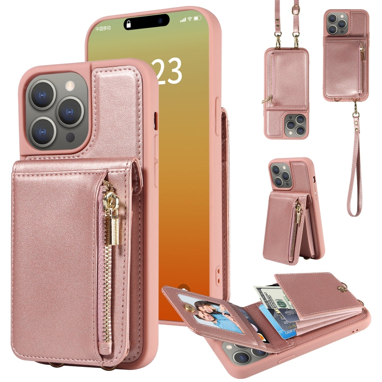 For iPhone 15 Pro Max Crossbody Lanyard Zipper Wallet Leather Phone Case(Rose Gold) - HoMEdemic™ 