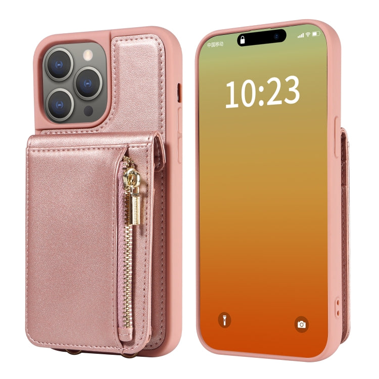 For iPhone 15 Pro Max Crossbody Lanyard Zipper Wallet Leather Phone Case(Rose Gold) - HoMEdemic™ 
