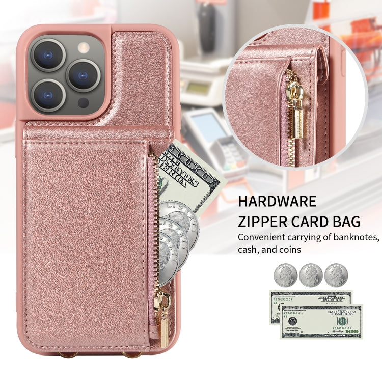 For iPhone 15 Pro Max Crossbody Lanyard Zipper Wallet Leather Phone Case(Rose Gold) - HoMEdemic™ 
