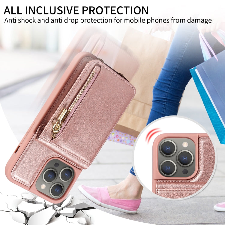 For iPhone 15 Pro Max Crossbody Lanyard Zipper Wallet Leather Phone Case(Rose Gold) - HoMEdemic™ 