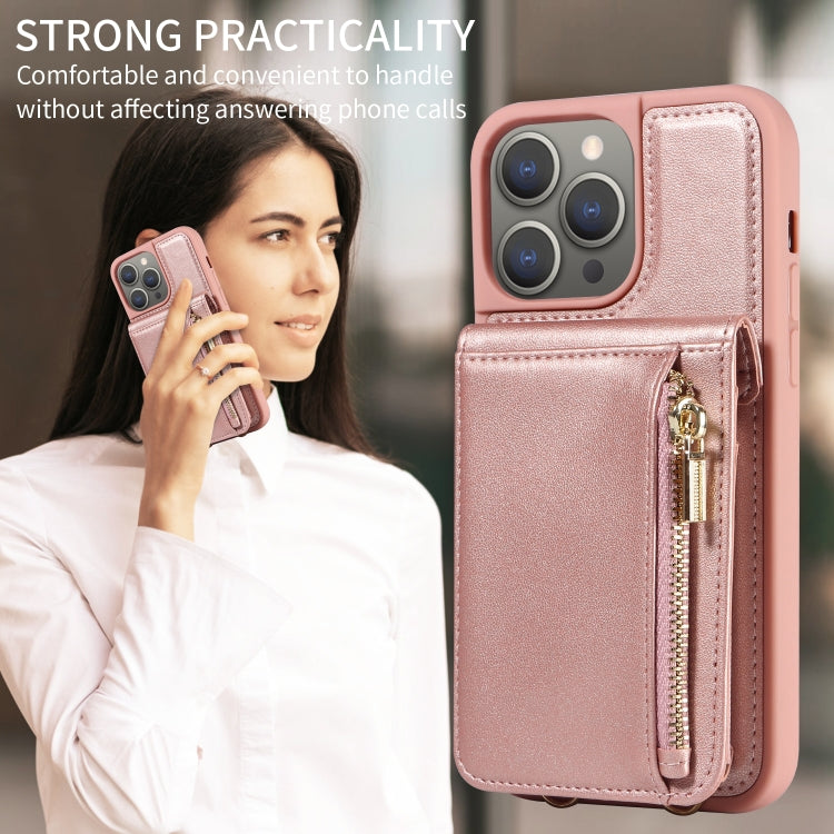 For iPhone 15 Pro Max Crossbody Lanyard Zipper Wallet Leather Phone Case(Rose Gold) - HoMEdemic™ 