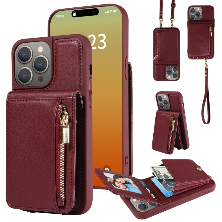 For iPhone 15 Pro Max Crossbody Lanyard Zipper Wallet Leather Phone Case(Wine Red) - HoMEdemic™ 