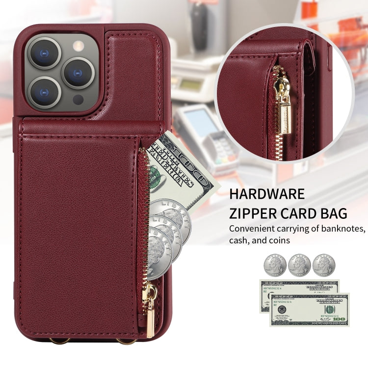 For iPhone 15 Pro Max Crossbody Lanyard Zipper Wallet Leather Phone Case(Wine Red) - HoMEdemic™ 