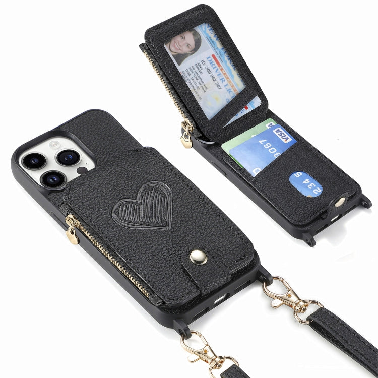 For iPhone 15 Pro Max Crossbody Love Zipper Leather Back Phone Case(Black) - HoMEdemic™ 
