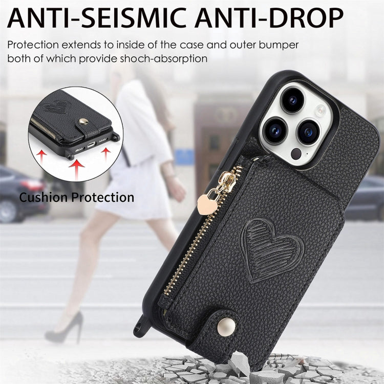 For iPhone 15 Pro Max Crossbody Love Zipper Leather Back Phone Case(Black) - HoMEdemic™ 