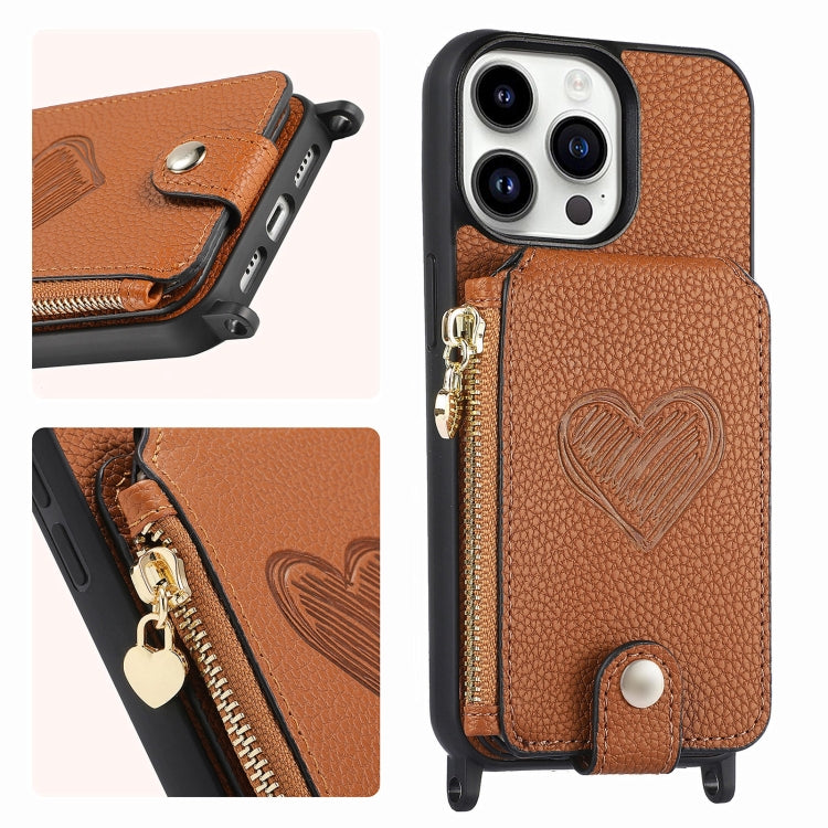 For iPhone 15 Pro Max Crossbody Love Zipper Leather Back Phone Case(Brown) - HoMEdemic™ 