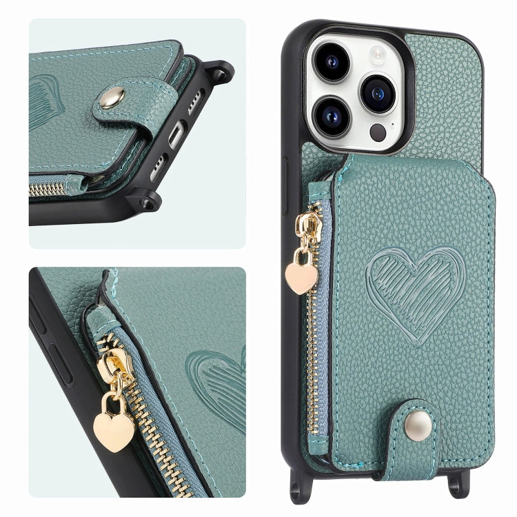 For iPhone 15 Pro Max Crossbody Love Zipper Leather Back Phone Case(Green) - HoMEdemic™ 