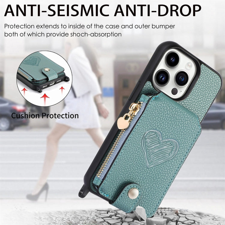For iPhone 15 Pro Max Crossbody Love Zipper Leather Back Phone Case(Green) - HoMEdemic™ 