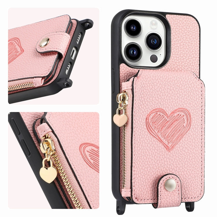 For iPhone 15 Pro Max Crossbody Love Zipper Leather Back Phone Case(Pink) - HoMEdemic™ 