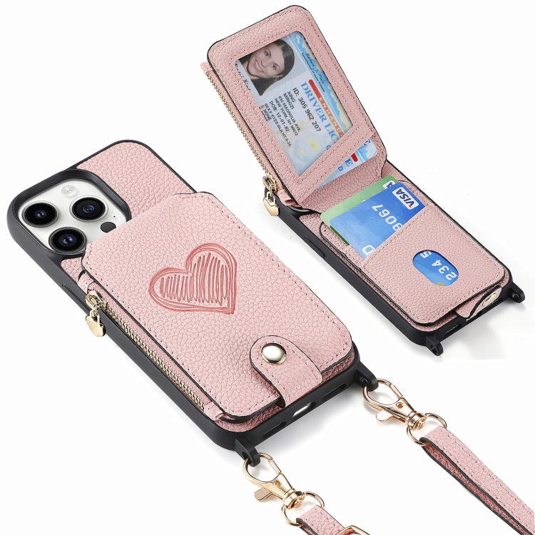 For iPhone 15 Pro Max Crossbody Love Zipper Leather Back Phone Case(Pink) - HoMEdemic™ 