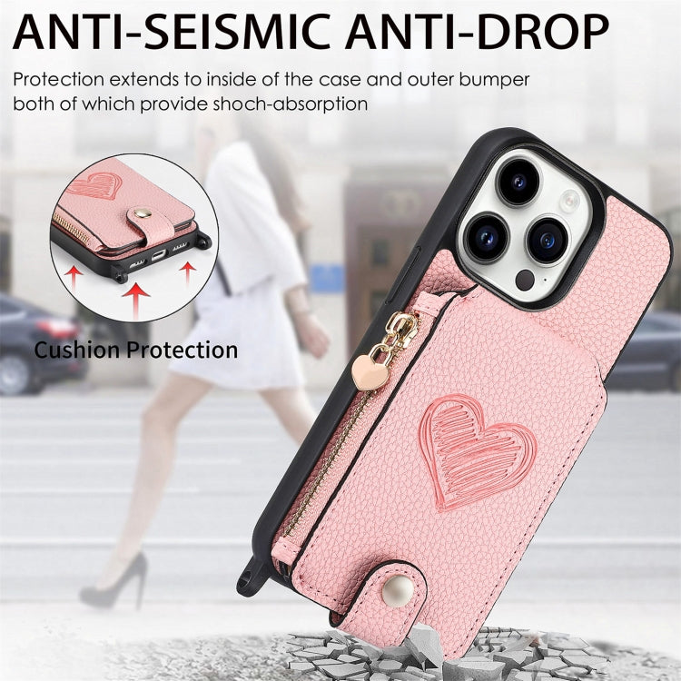 For iPhone 15 Pro Max Crossbody Love Zipper Leather Back Phone Case(Pink) - HoMEdemic™ 