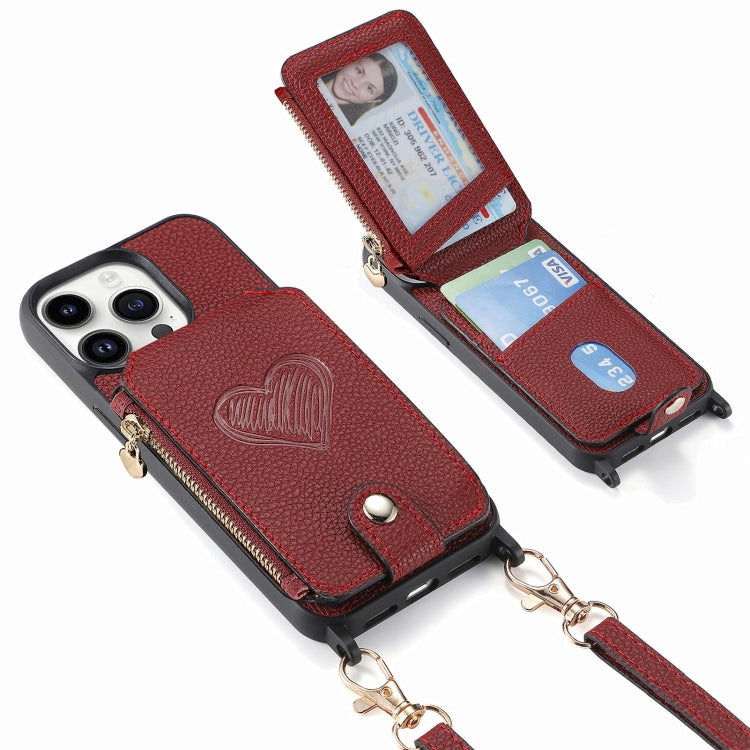 For iPhone 15 Pro Max Crossbody Love Zipper Leather Back Phone Case(Red) - HoMEdemic™ 