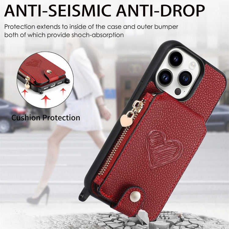 For iPhone 15 Pro Max Crossbody Love Zipper Leather Back Phone Case(Red) - HoMEdemic™ 