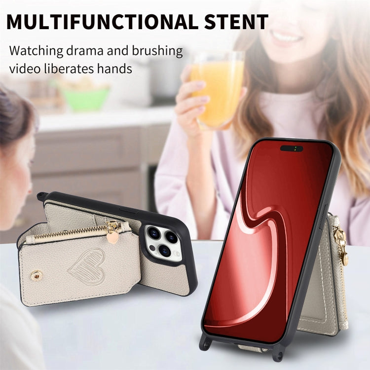 For iPhone 15 Pro Max Crossbody Love Zipper Leather Back Phone Case(White) - HoMEdemic™ 