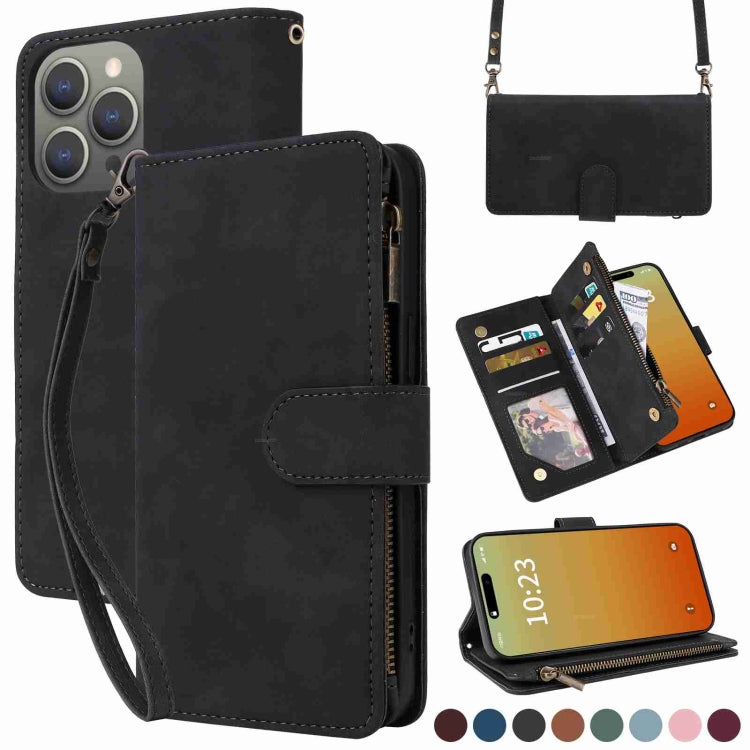 For iPhone 15 Pro Max Crossbody Multi-card Slot Wallet Zipper Leather Phone Case(Black) - HoMEdemic™ 